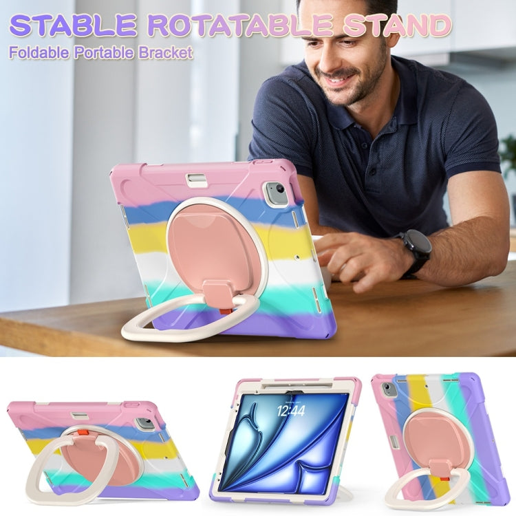 For iPad Air 13 2024 Silicone Hybrid PC Tablet Case with Holder & Shoulder Strap(Colorful Pink)