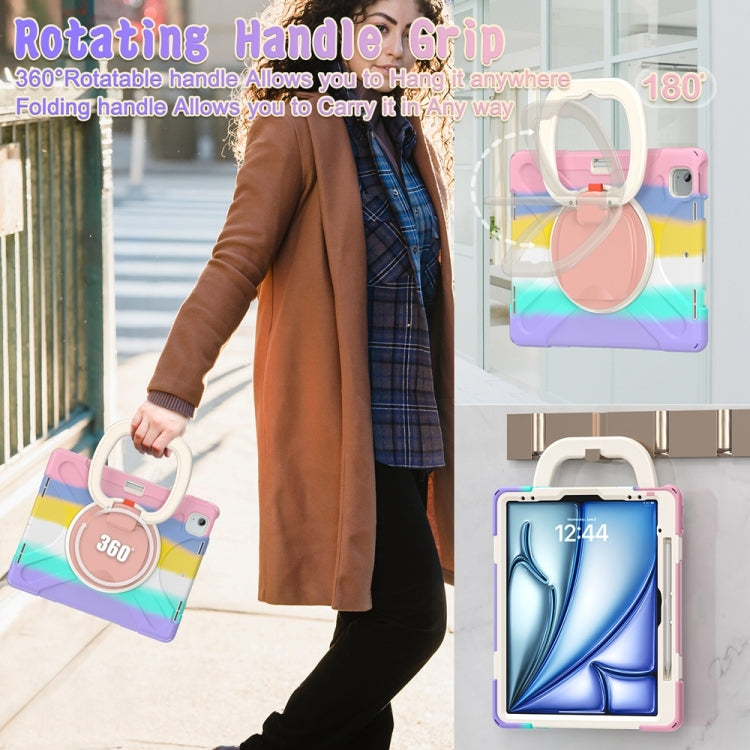 For iPad Air 13 2024 Silicone Hybrid PC Tablet Case with Holder & Shoulder Strap(Colorful Pink)