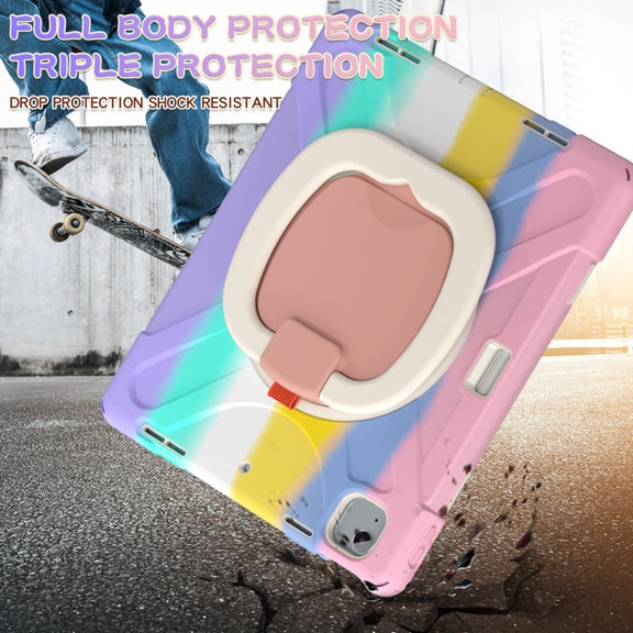 For iPad Air 13 2024 Silicone Hybrid PC Tablet Case with Holder & Shoulder Strap(Colorful Pink)