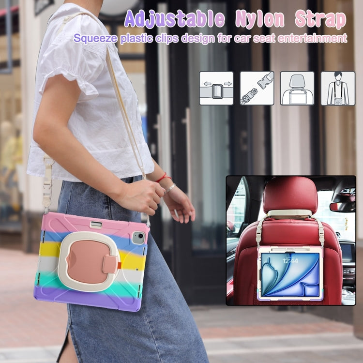 For iPad Air 13 2024 Silicone Hybrid PC Tablet Case with Holder & Shoulder Strap(Colorful Pink)