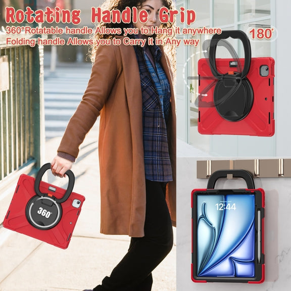 For iPad Air 13 2024 Silicone Hybrid PC Tablet Case with Holder & Shoulder Strap(Red)