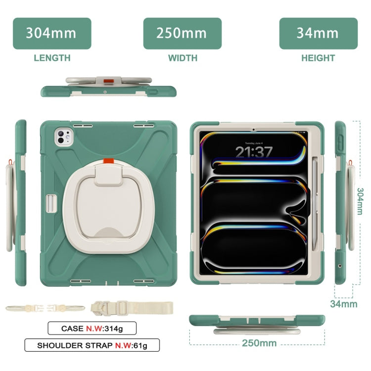 For iPad Pro 13 2024 Silicone Hybrid PC Tablet Case with Holder & Shoulder Strap(Emerald Green)