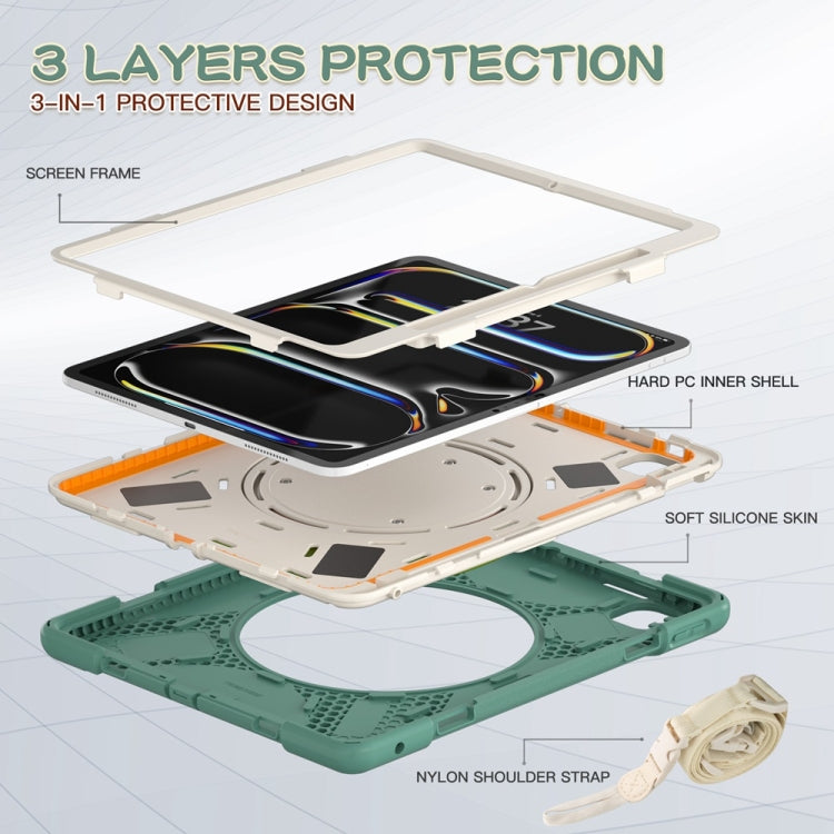 For iPad Pro 13 2024 Silicone Hybrid PC Tablet Case with Holder & Shoulder Strap(Emerald Green)
