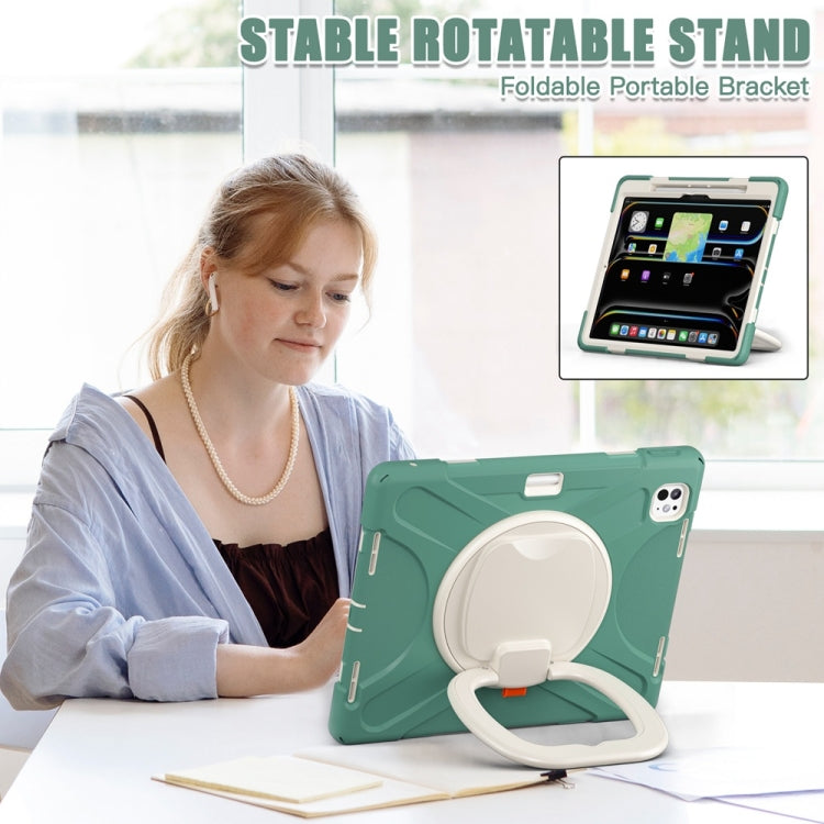 For iPad Pro 13 2024 Silicone Hybrid PC Tablet Case with Holder & Shoulder Strap(Emerald Green)