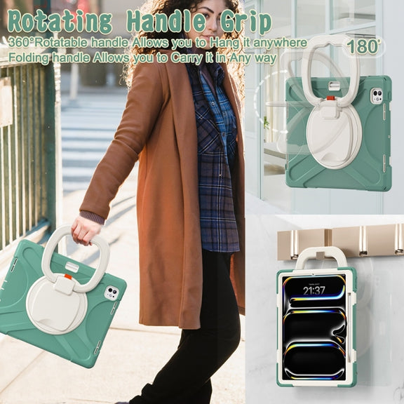 For iPad Pro 13 2024 Silicone Hybrid PC Tablet Case with Holder & Shoulder Strap(Emerald Green)