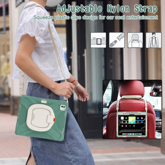 For iPad Pro 13 2024 Silicone Hybrid PC Tablet Case with Holder & Shoulder Strap(Emerald Green)