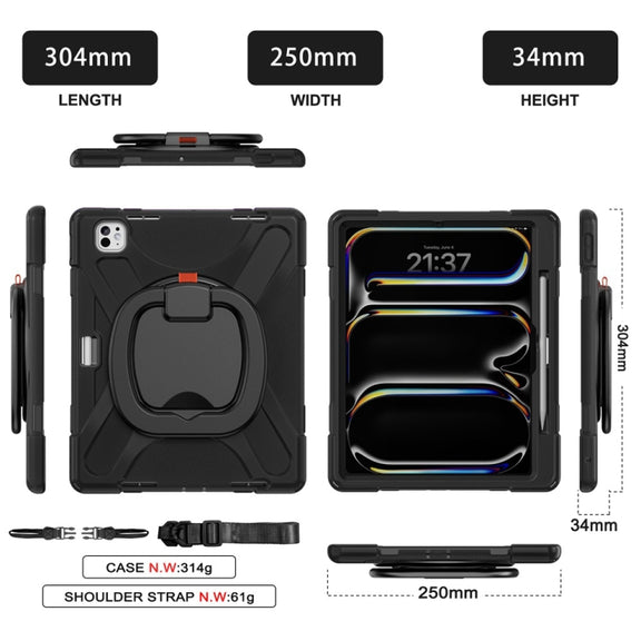 For iPad Pro 13 2024 Silicone Hybrid PC Tablet Case with Holder & Shoulder Strap(Black)