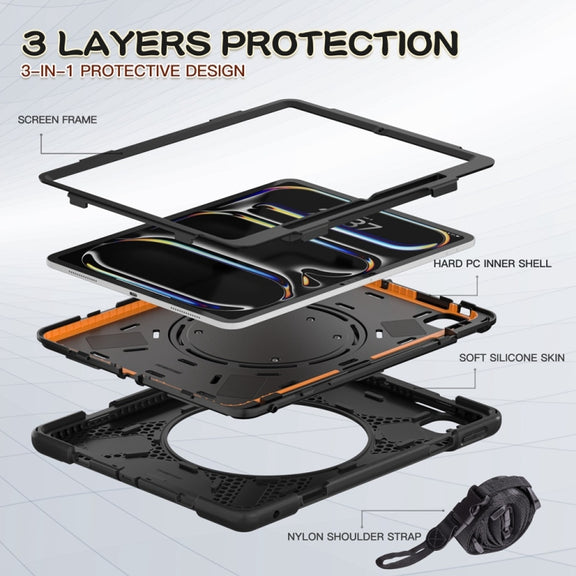 For iPad Pro 13 2024 Silicone Hybrid PC Tablet Case with Holder & Shoulder Strap(Black)