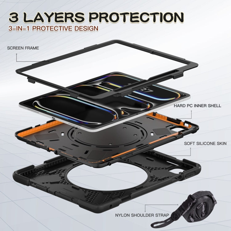 For iPad Pro 13 2024 Silicone Hybrid PC Tablet Case with Holder & Shoulder Strap(Black)