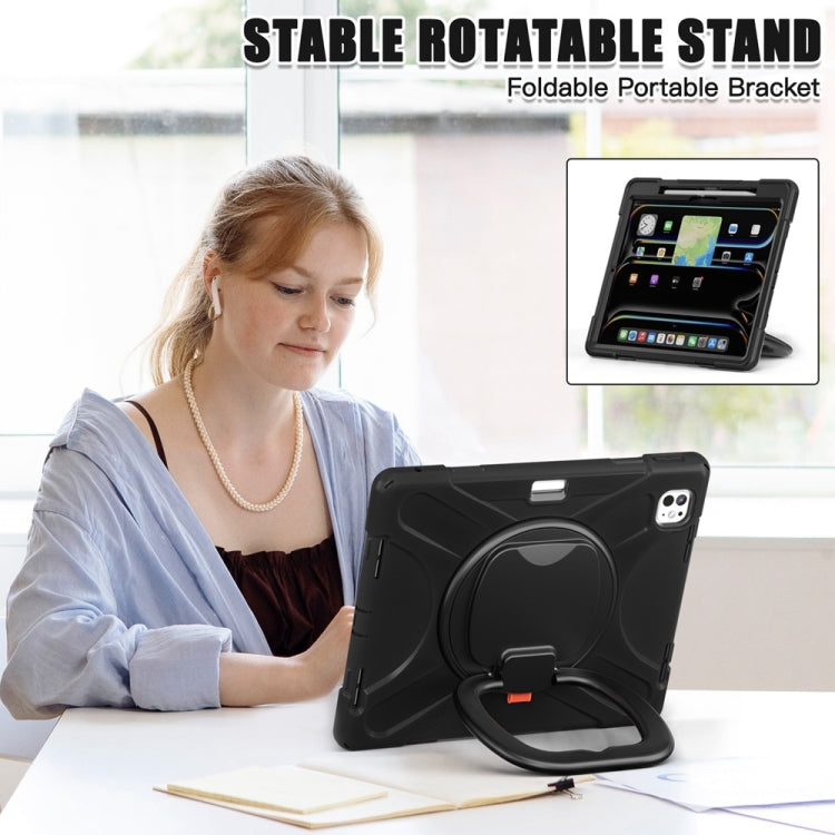 For iPad Pro 13 2024 Silicone Hybrid PC Tablet Case with Holder & Shoulder Strap(Black)