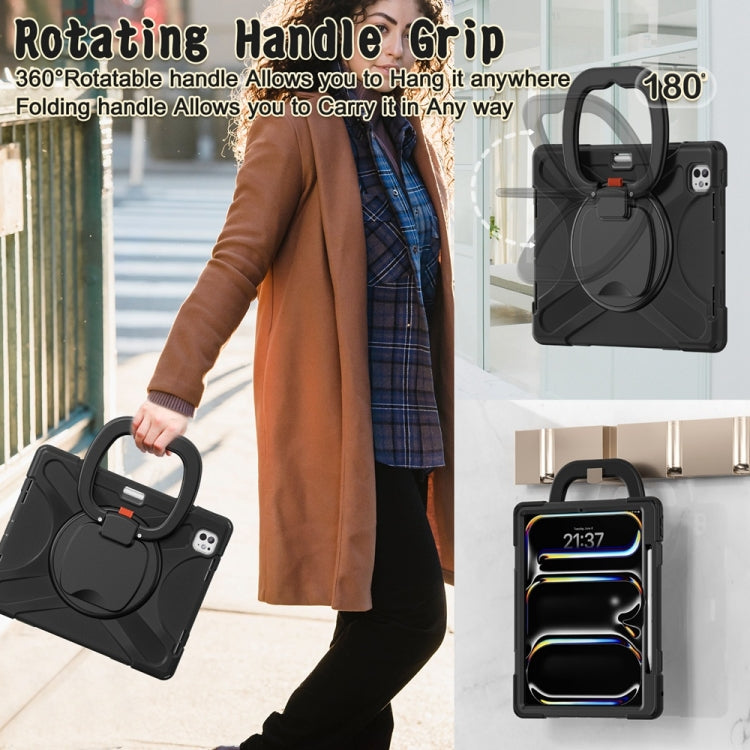 For iPad Pro 13 2024 Silicone Hybrid PC Tablet Case with Holder & Shoulder Strap(Black)