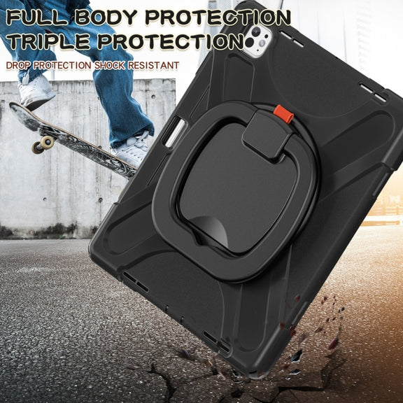 For iPad Pro 13 2024 Silicone Hybrid PC Tablet Case with Holder & Shoulder Strap(Black)