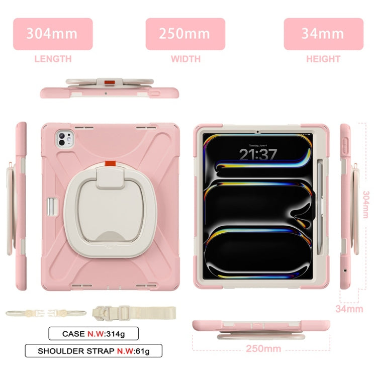 For iPad Pro 13 2024 Silicone Hybrid PC Tablet Case with Holder & Shoulder Strap(Cherry Blossom Pink)
