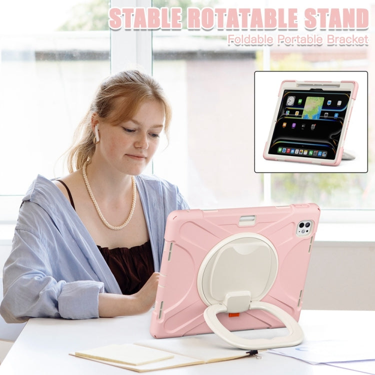 For iPad Pro 13 2024 Silicone Hybrid PC Tablet Case with Holder & Shoulder Strap(Cherry Blossom Pink)