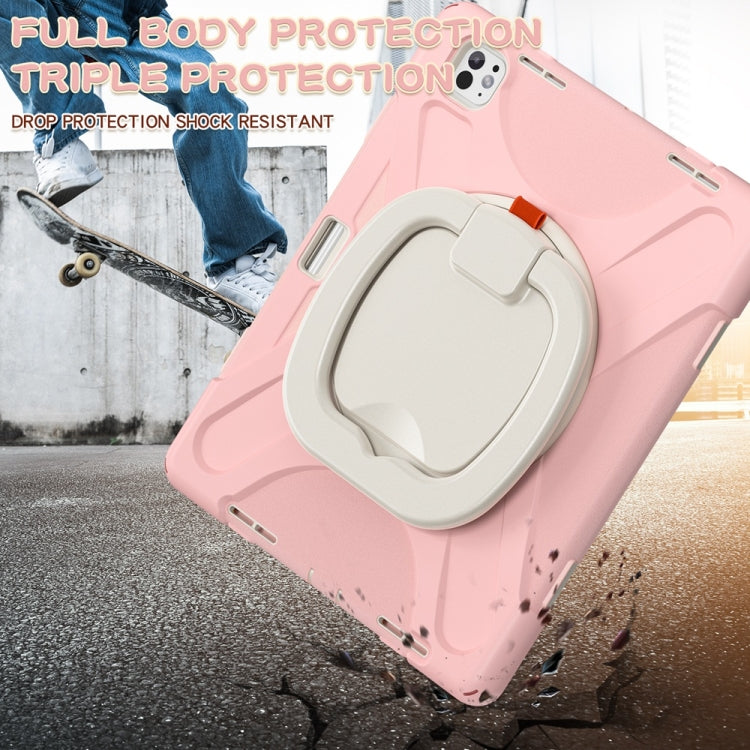 For iPad Pro 13 2024 Silicone Hybrid PC Tablet Case with Holder & Shoulder Strap(Cherry Blossom Pink)