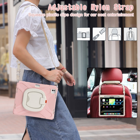 For iPad Pro 13 2024 Silicone Hybrid PC Tablet Case with Holder & Shoulder Strap(Cherry Blossom Pink)