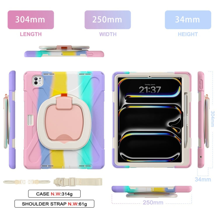 For iPad Pro 13 2024 Silicone Hybrid PC Tablet Case with Holder & Shoulder Strap(Colorful Pink)