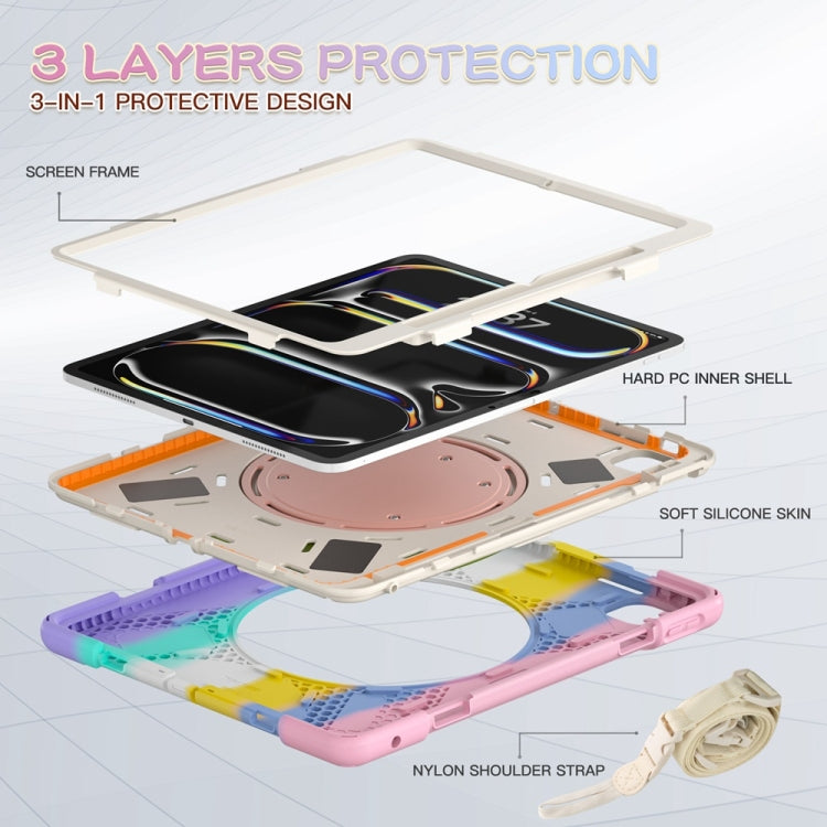 For iPad Pro 13 2024 Silicone Hybrid PC Tablet Case with Holder & Shoulder Strap(Colorful Pink)