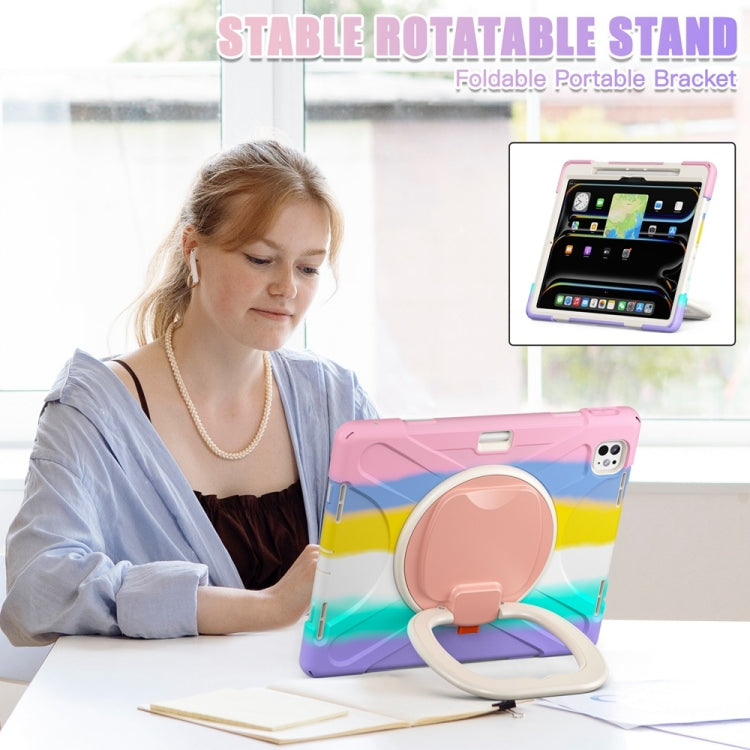 For iPad Pro 13 2024 Silicone Hybrid PC Tablet Case with Holder & Shoulder Strap(Colorful Pink)