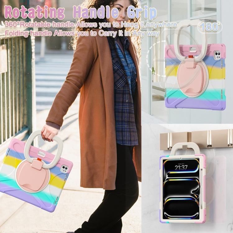 For iPad Pro 13 2024 Silicone Hybrid PC Tablet Case with Holder & Shoulder Strap(Colorful Pink)