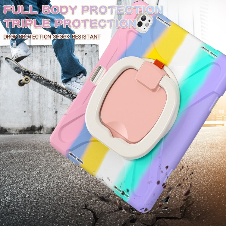 For iPad Pro 13 2024 Silicone Hybrid PC Tablet Case with Holder & Shoulder Strap(Colorful Pink)