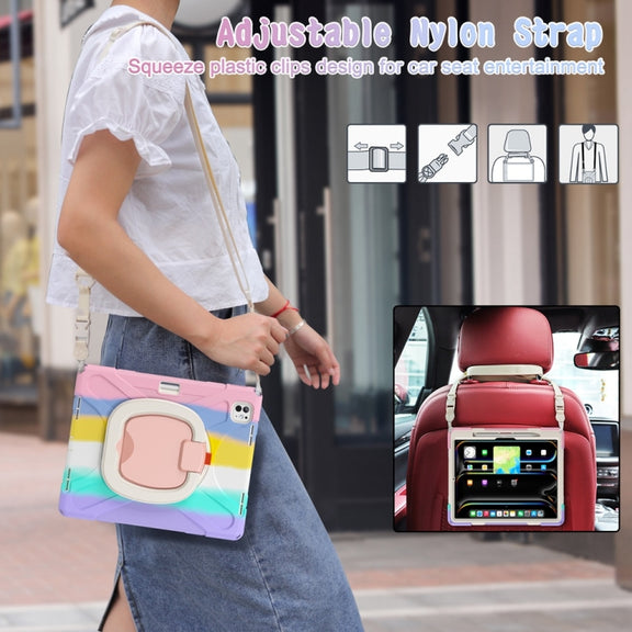 For iPad Pro 13 2024 Silicone Hybrid PC Tablet Case with Holder & Shoulder Strap(Colorful Pink)