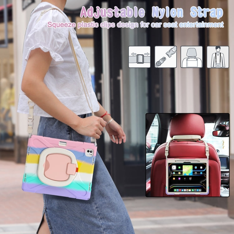 For iPad Pro 13 2024 Silicone Hybrid PC Tablet Case with Holder & Shoulder Strap(Colorful Pink)
