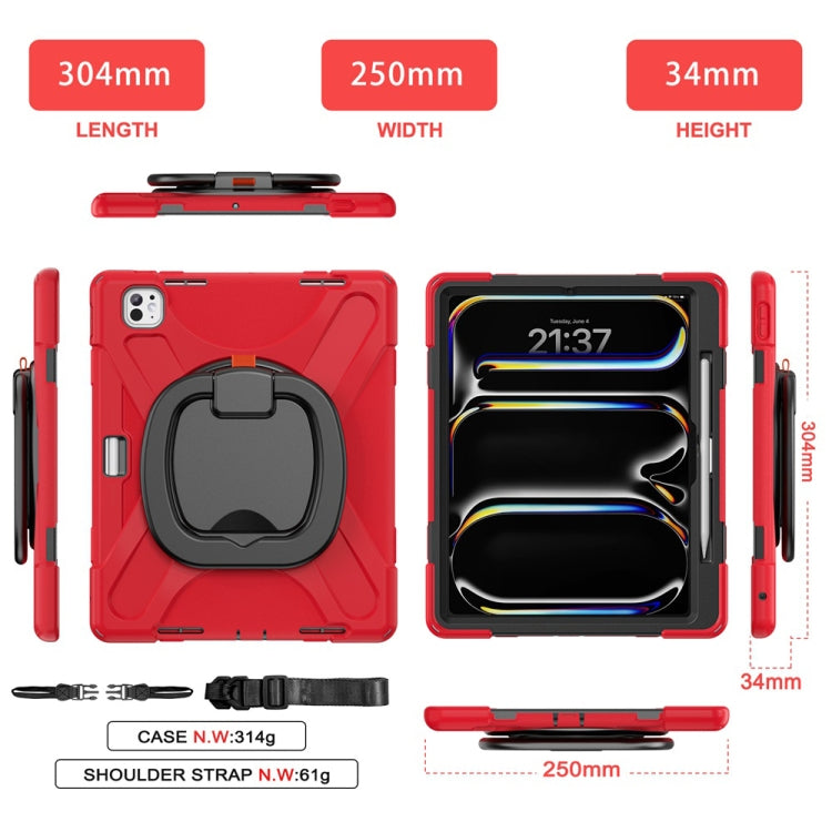 For iPad Pro 13 2024 Silicone Hybrid PC Tablet Case with Holder & Shoulder Strap(Red)