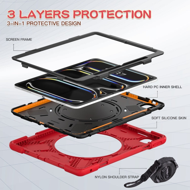For iPad Pro 13 2024 Silicone Hybrid PC Tablet Case with Holder & Shoulder Strap(Red)