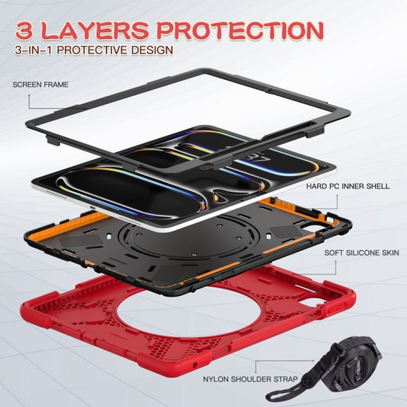 For iPad Pro 13 2024 Silicone Hybrid PC Tablet Case with Holder & Shoulder Strap(Red)