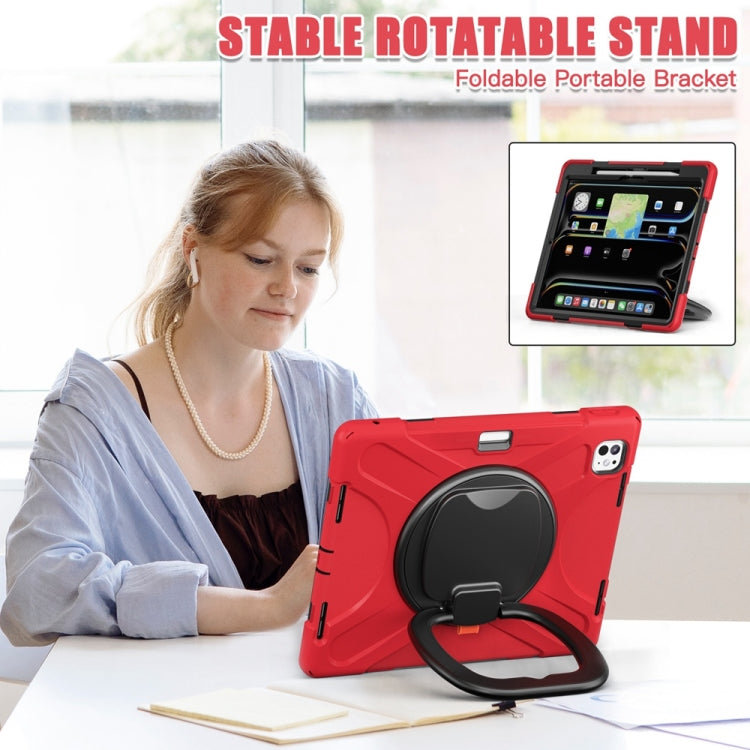 For iPad Pro 13 2024 Silicone Hybrid PC Tablet Case with Holder & Shoulder Strap(Red)