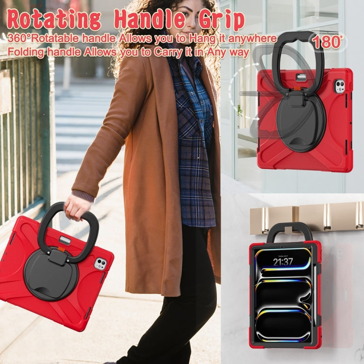 For iPad Pro 13 2024 Silicone Hybrid PC Tablet Case with Holder & Shoulder Strap(Red)