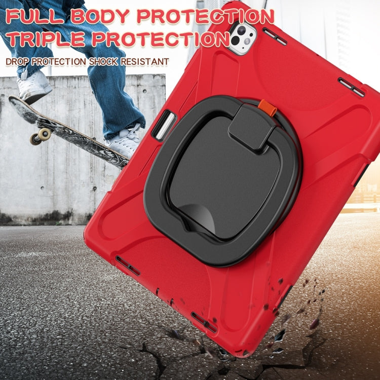 For iPad Pro 13 2024 Silicone Hybrid PC Tablet Case with Holder & Shoulder Strap(Red)