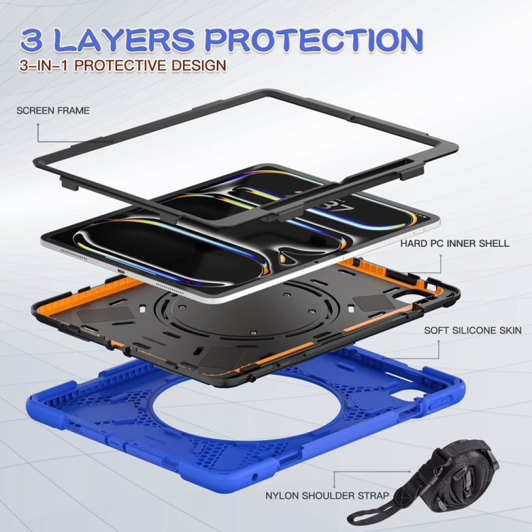 For iPad Pro 13 2024 Silicone Hybrid PC Tablet Case with Holder & Shoulder Strap(Blue)