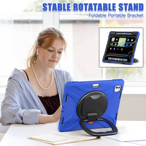 For iPad Pro 13 2024 Silicone Hybrid PC Tablet Case with Holder & Shoulder Strap(Blue)