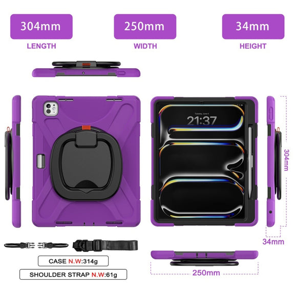 For iPad Pro 13 2024 Silicone Hybrid PC Tablet Case with Holder & Shoulder Strap(Purple)