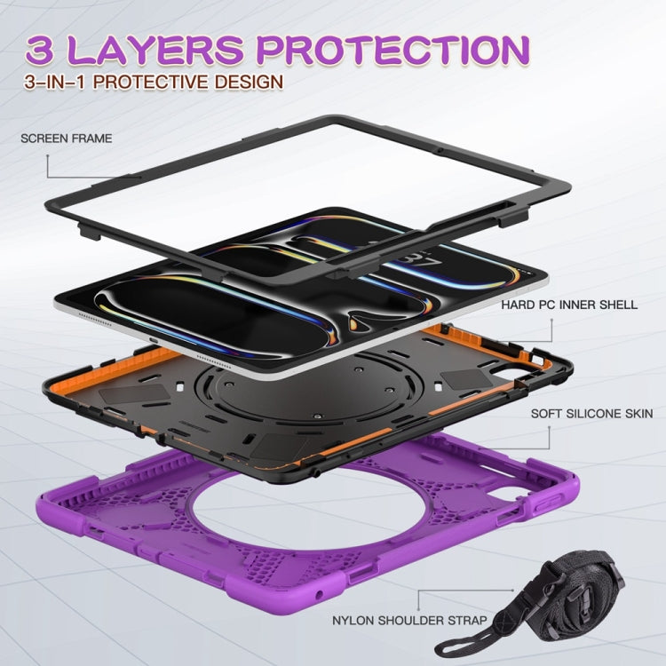 For iPad Pro 13 2024 Silicone Hybrid PC Tablet Case with Holder & Shoulder Strap(Purple)