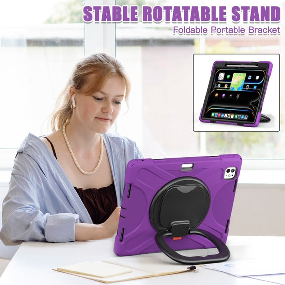 For iPad Pro 13 2024 Silicone Hybrid PC Tablet Case with Holder & Shoulder Strap(Purple)