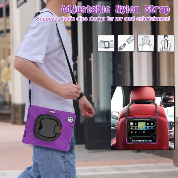 For iPad Pro 13 2024 Silicone Hybrid PC Tablet Case with Holder & Shoulder Strap(Purple)
