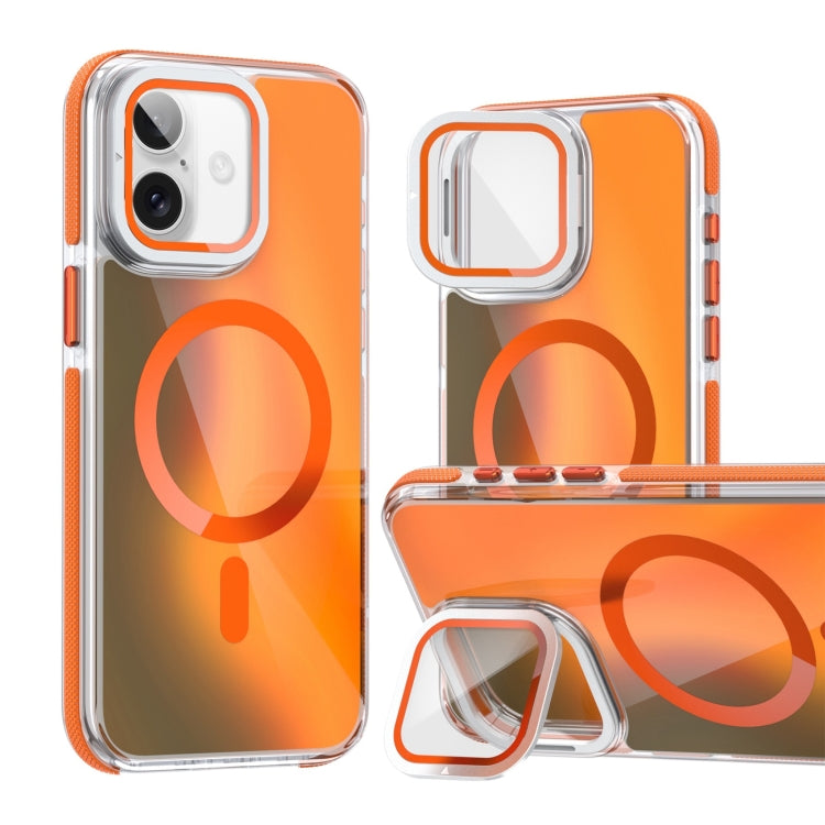 For iPhone 16 Plus MagSafe Gradient Color Lens Film Phone Case with Lens Fold Holder(Orange)