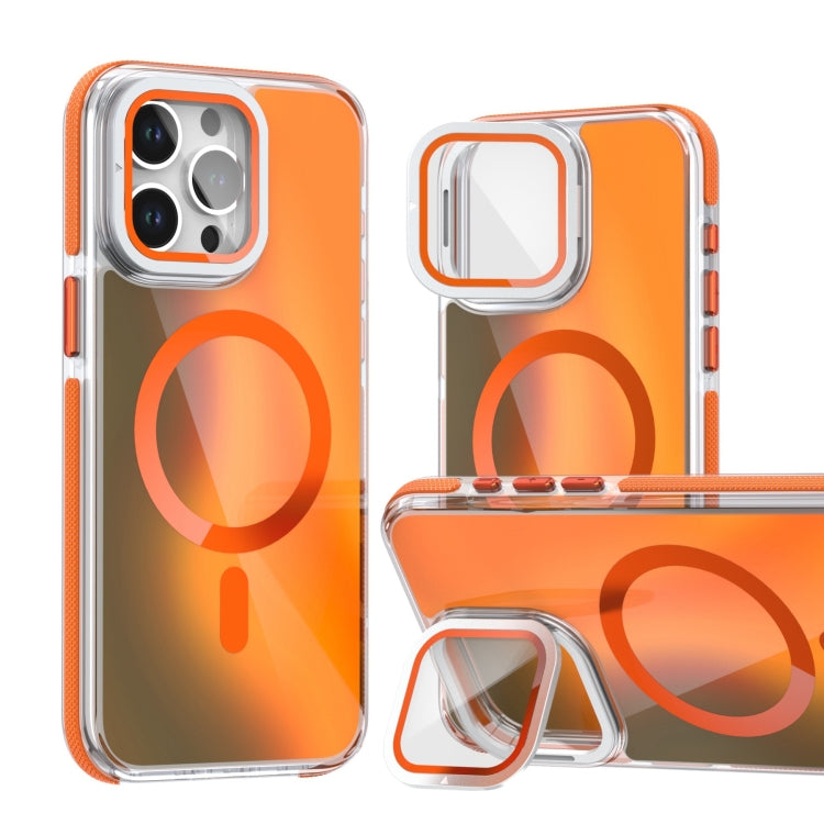 For iPhone 16 Pro MagSafe Gradient Color Lens Film Phone Case with Lens Fold Holder(Orange)