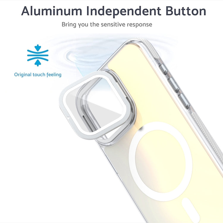 For iPhone 16 MagSafe Gradient Color Lens Film Phone Case with Lens Fold Holder(White)