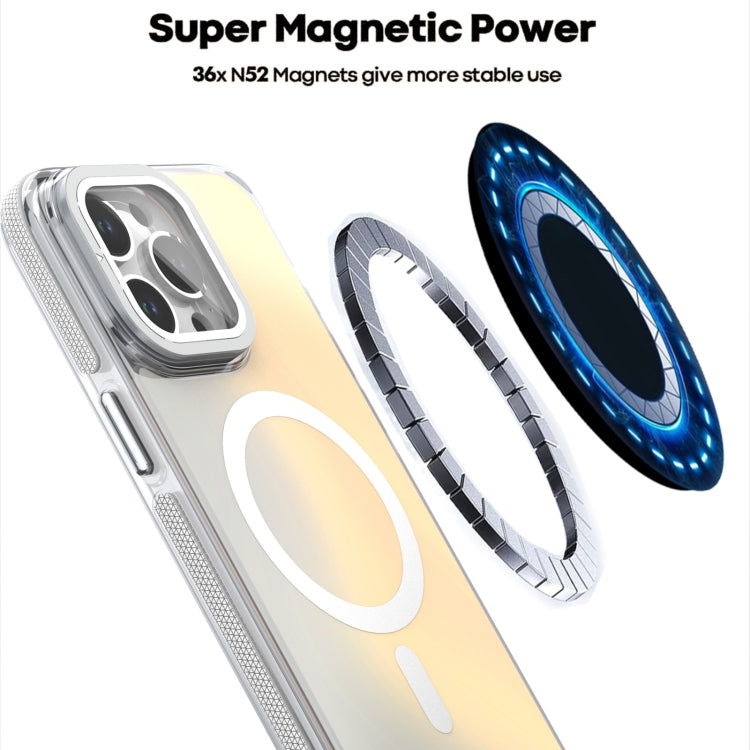For iPhone 16 Plus MagSafe Gradient Color Lens Film Phone Case with Lens Fold Holder(White)