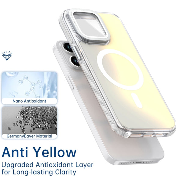 For iPhone 16 MagSafe Gradient Color Lens Film Phone Case with Lens Fold Holder(White)