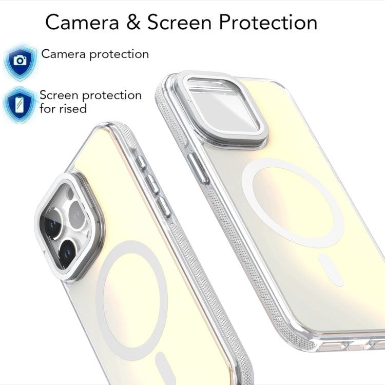For iPhone 16 MagSafe Gradient Color Lens Film Phone Case with Lens Fold Holder(White)