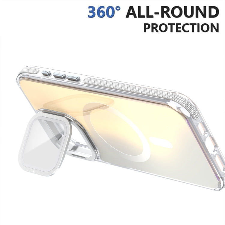 For iPhone 16 MagSafe Gradient Color Lens Film Phone Case with Lens Fold Holder(White)
