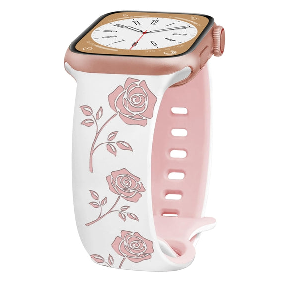 For Apple Watch SE 44mm Two-color Rose Engraved Silicone Watch Band(White Pink)