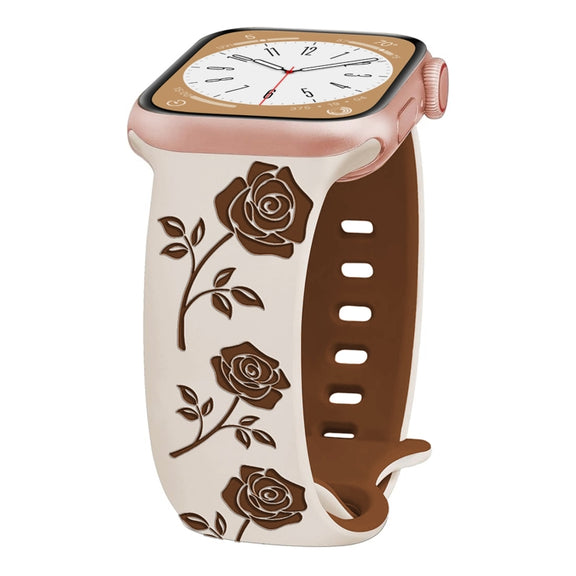 For Apple Watch SE 44mm Two-color Rose Engraved Silicone Watch Band(Starlight Caramel)
