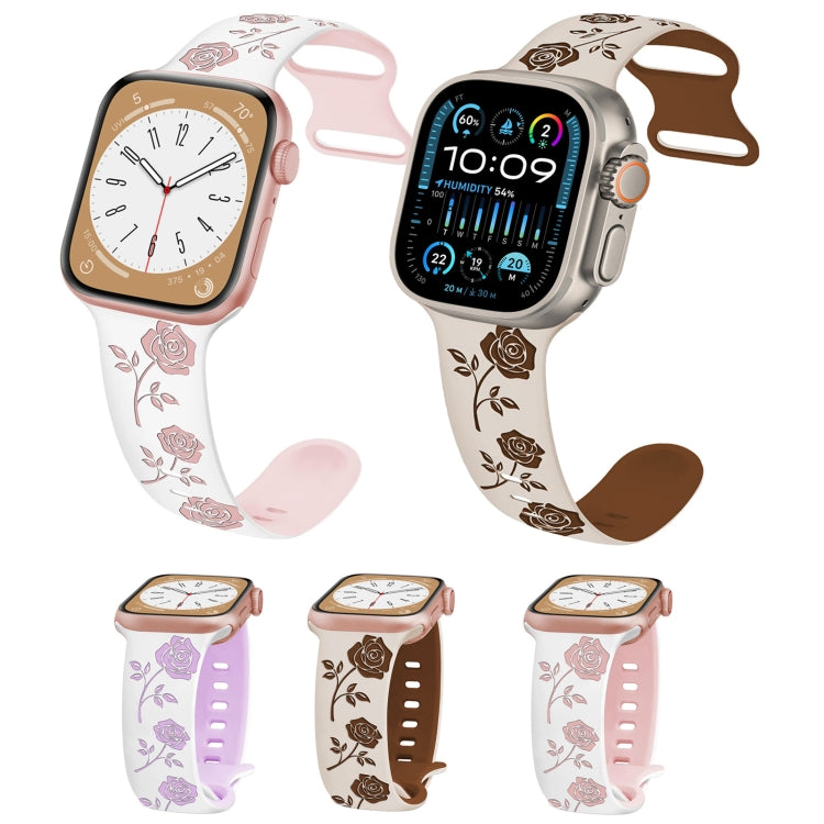 For Apple Watch Series 8 45mm Two-color Rose Engraved Silicone Watch Band(White Pink)