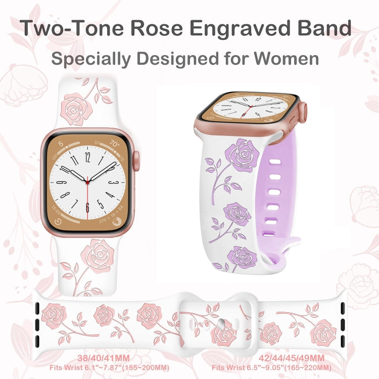 For Apple Watch SE 44mm Two-color Rose Engraved Silicone Watch Band(White Pink)